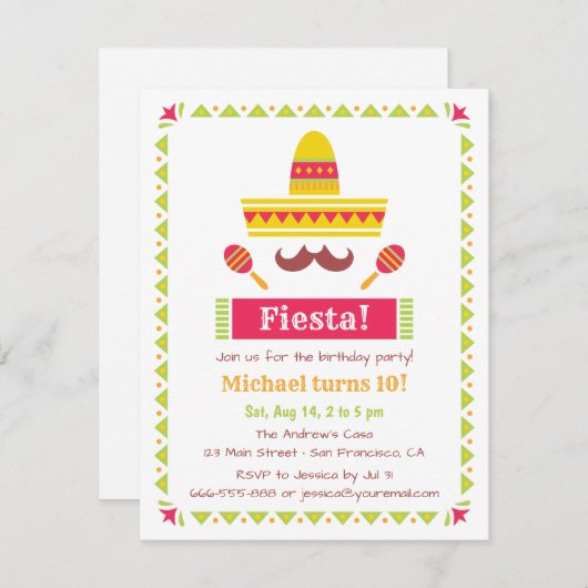 ソンブレロと口ひげメキシコのフェスタパーティー 招待状 (正面/裏面)