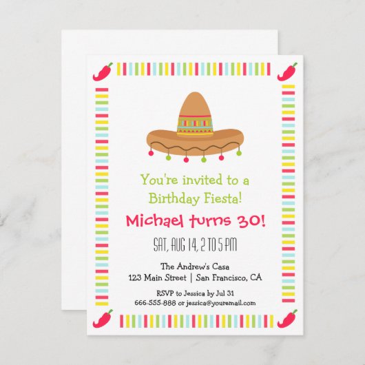 ソンブレロ·メキシコ·フィエスタ大人誕生パーティー 招待状 (正面/裏面)