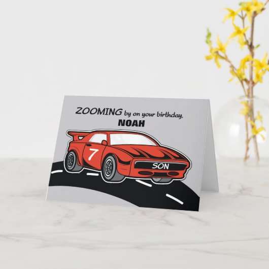 ソン誕生日エイジ7レッドスポーツカー カード (黄色い花)