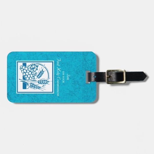 ソン、ファーストコミューン、小麦、ぶどうブルー ラゲッジタグ (正面横)