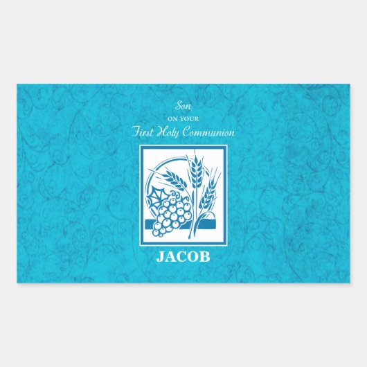 ソン、ファーストコミューン、小麦、ぶどうブルー 長方形シール (正面)