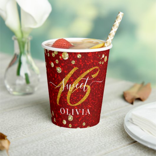 ソーエレガントレッドグリッタースウィート16紙カップ 紙コップ (インサイチュ)