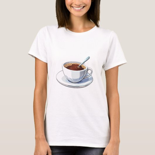 ソーサー付きのホワイトコーヒーカップにコーヒーを注いだ状態 Tシャツ (正面)