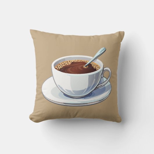 ソーサー付きの白いコーヒーカップにコーヒーが注がれている クッション (正面)
