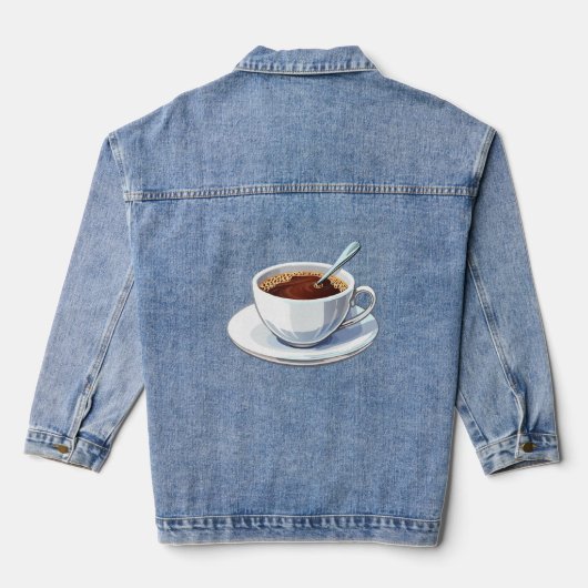 ソーサー付きの白いコーヒーカップにコーヒーを注いだ様子 デニムジャケット (裏面)