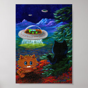 ソーサー飛んでいるUFOブラックキャットオレンジ虎猫 ポスター