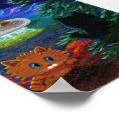 ソーサー飛んでいるUFOブラックキャットオレンジ虎猫 ポスター (角)