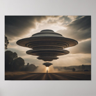 ソーサー飛んでいるUFO着陸 ポスター