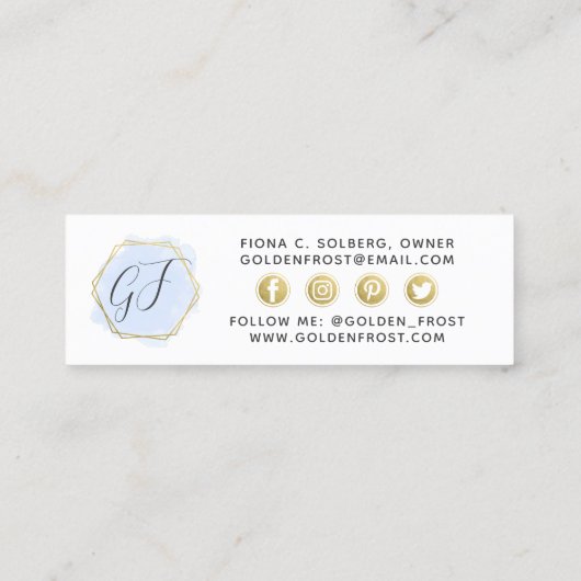 ソーシャルインフルエンサーライトブルー水色と金ゴールド スキニー名刺 (裏面)