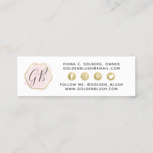 ソーシャルインフルエンサー赤面ピンクウォーターカラー&金ゴールド スキニー名刺 (裏面)