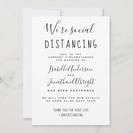 ソーシャルディスタンススタイルの延期されたウェディング 招待状 (正面)