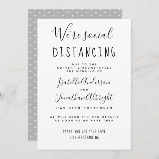 ソーシャルディスタンススタイルの延期されたウェディング 招待状 (正面/裏面)