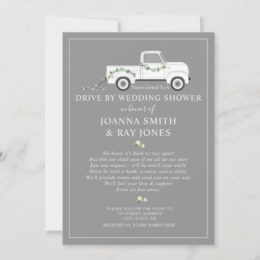 ソーシャルディスタンスドライブバイブライダルシャワーホワイトトラック 招待状 (正面)