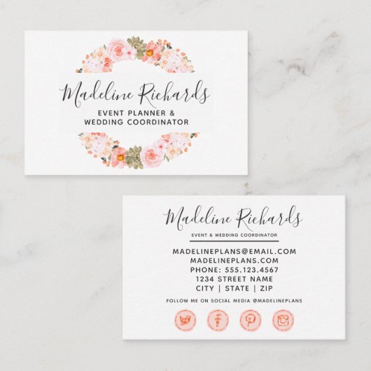 ソーシャルメディアのアイコンを使ったシックな桃のミント多肉料理 名刺 (正面/裏面)