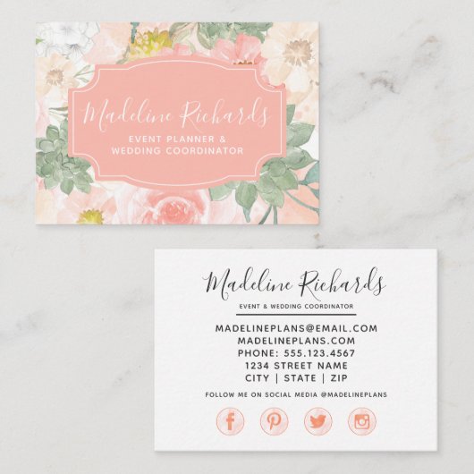 ソーシャルメディアのアイコンを使ったシックな桃のミント多肉料理 名刺 (正面/裏面)