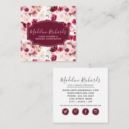 ソーシャルメディアのアイコンを使用したブルゴーニュと赤面フローラ スクエア名刺 (正面/裏面)