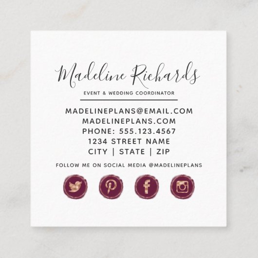 ソーシャルメディアのアイコンを使用したブルゴーニュと赤面フローラ スクエア名刺 (裏面)