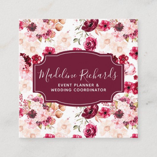 ソーシャルメディアのアイコンを使用したブルゴーニュと赤面フローラ スクエア名刺 (正面)