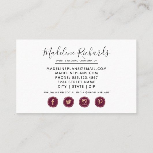 ソーシャルメディアのアイコンを使用したブルゴーニュ&グリーンフローラ 名刺 (裏面)