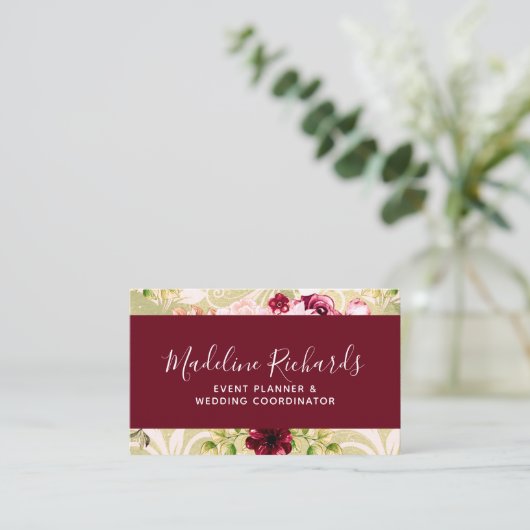ソーシャルメディアのアイコンを使用したブルゴーニュ&グリーンフローラ 名刺 (スタンド正面)