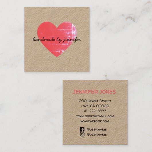 ソーシャルメディアを使って手作りのハートを好む スクエア名刺 (正面/裏面)