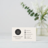 ソーシャルメディアアイコン付きニュートラルミニマリストロゴ 名刺 (スタンド正面)