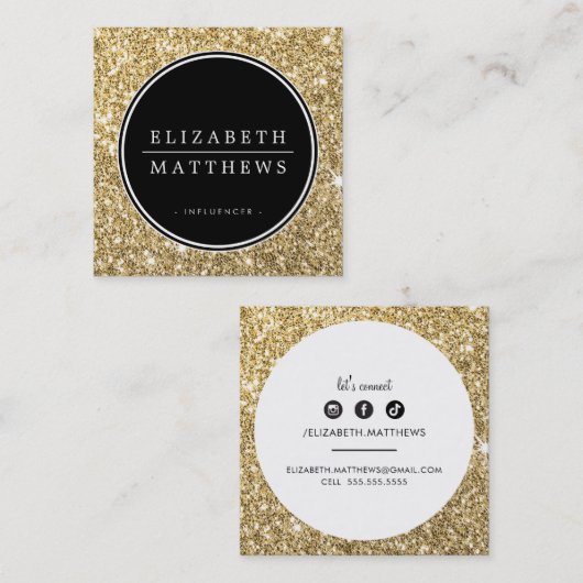 ソーシャルメディアサークル縁どブラックシック金ゴールドグリッター スクエア名刺 (正面/裏面)