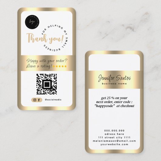 ソーシャルメディアビジネスQRコードロゴありがとう金ゴールド 名刺 (正面/裏面)