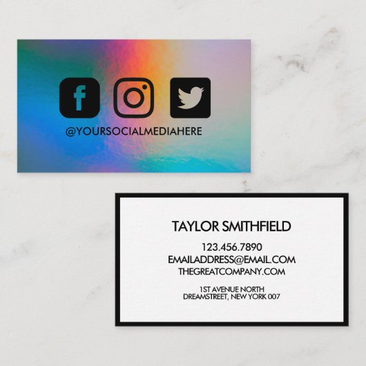 ソーシャルメディアブラックホログラフィックエレガントモダン 名刺 (正面/裏面)