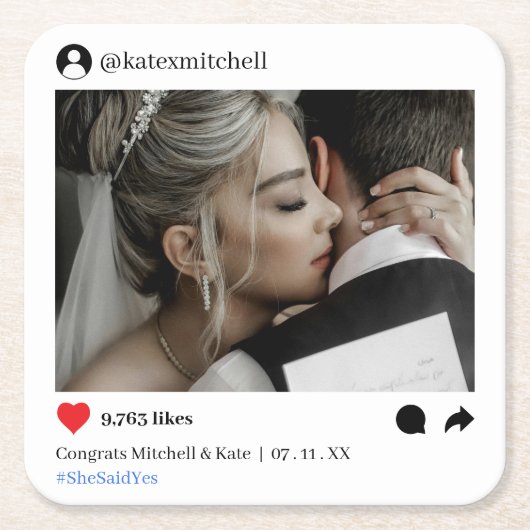 ソーシャルメディアポストフォト結婚ズ スクエアペーパーコースター (正面)