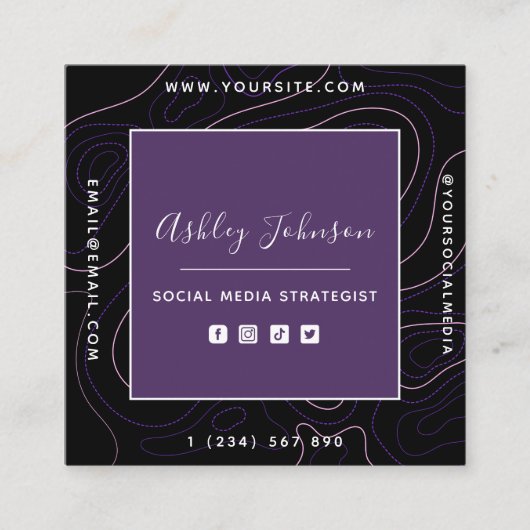 ソーシャルメディアマネージャー QRコード 抽象的なライン 紫 スクエア名刺 (正面)