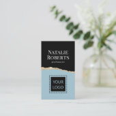 ソーシャルメディアミントブルーブラック&金ゴールドQRコード 名刺 (スタンド正面)