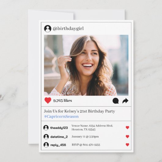 ソーシャルメディア投稿の写真21歳の誕生日パーティー 招待状 (正面)