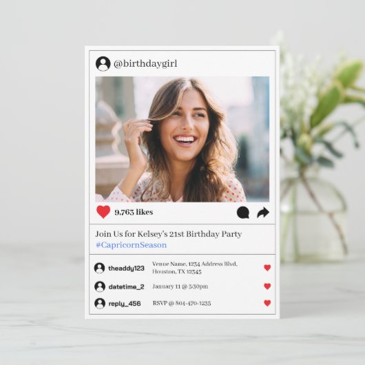 ソーシャルメディア投稿の写真21歳の誕生日パーティー 招待状 (スタンド正面)