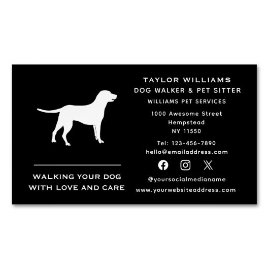 ソーシャルメディア白黒ドッグウォーカーペットシッター マグネット名刺 (正面)