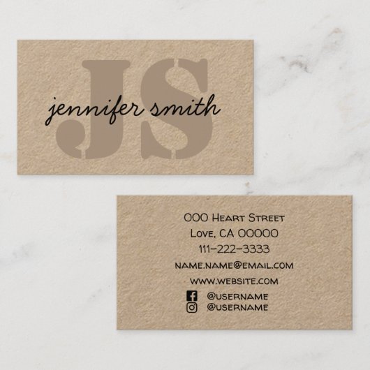 ソーシャルメディア素朴で茶色のモノグラムイニシャル 名刺 (正面/裏面)