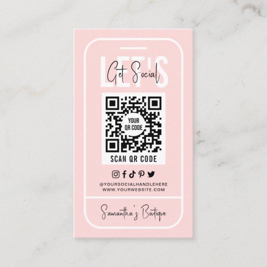 ソーシャルメディアQRコードフェミニンピンクモダンビジネス 名刺 (正面)