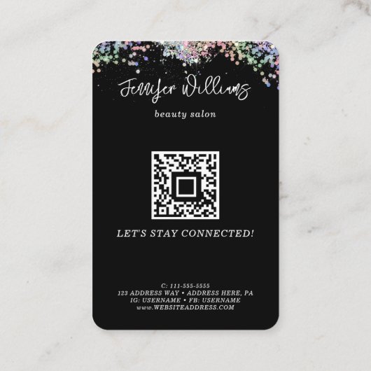 ソーシャルメディアQRコードフォトグリッターブラックモダン 名刺 (裏面)
