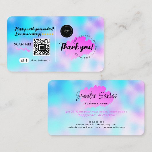 ソーシャルメディアQRコードロゴありがとうブルーモダン 名刺 (正面/裏面)