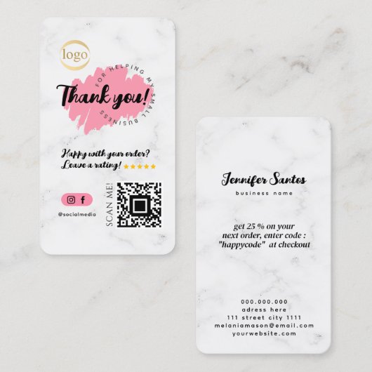 ソーシャルメディアQRコードロゴありがとう大理石モダン 名刺 (正面/裏面)