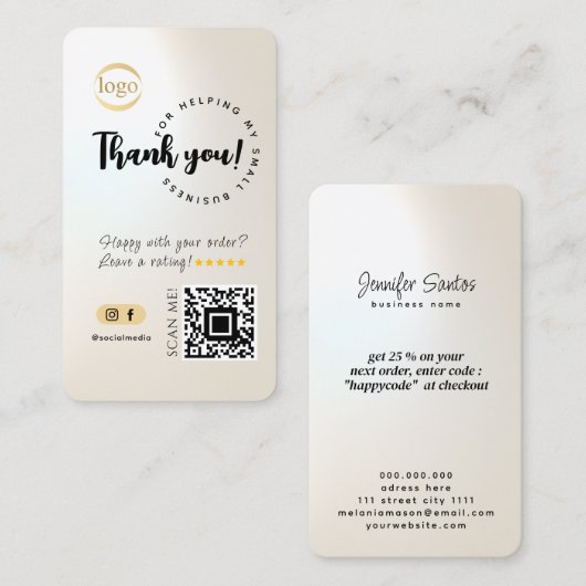 ソーシャルメディアQRコード&ロゴ真珠光沢ありがとう 名刺 (正面/裏面)