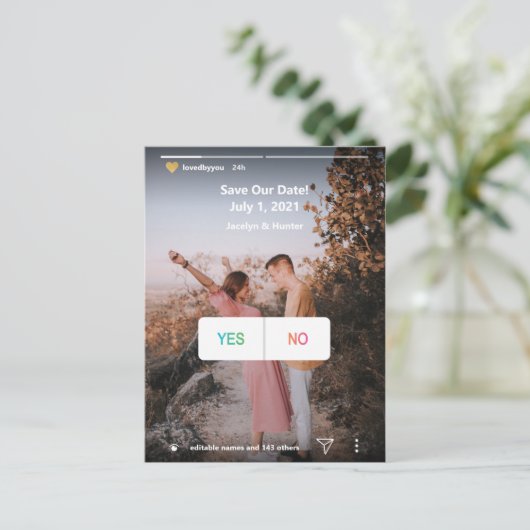 ソーシャルメディアYes/写真おもしろいなし日付の保存招待状 ポストカード (スタンド正面)
