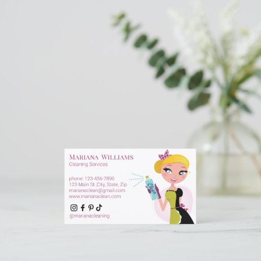 ソーシャルメディエレガントアの清掃サービスのピンクのスクリプト 名刺 (スタンド正面)