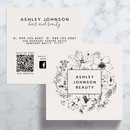 ソーシャルメディモダンアQRコード植物性赤面ブラック スクエア名刺