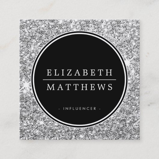ソーシャルメディ縁どアサークル黒銀グリッター スクエア名刺 (正面)