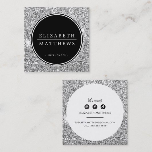 ソーシャルメディ縁どアサークル黒銀グリッター スクエア名刺 (正面/裏面)