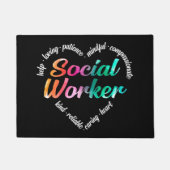 ソーシャルワーカーハートワードクラウドウォーターカラーレインボー ドアマット (正面)