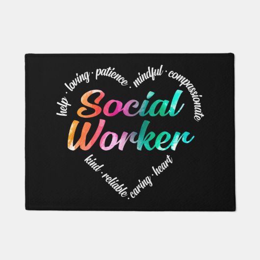 ソーシャルワーカーハートワードクラウドウォーターカラーレインボー ドアマット (正面)