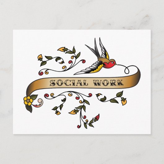 ソーシャルワークでツバメとスクロール ポストカード (正面)