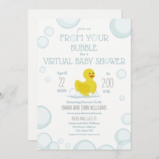 ソーシャル分散バブル仮想ベビーシャワー 招待状 (正面/裏面)